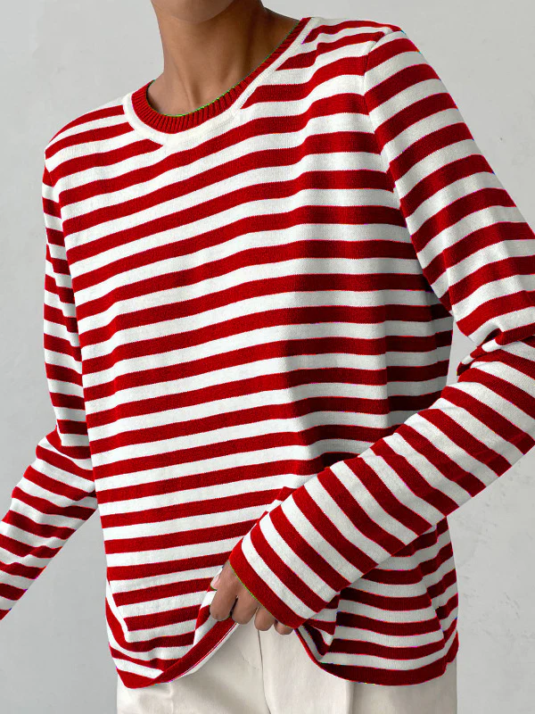 Long Sleeves Loose Split-Joint Striped Round-Neck Sweater Tops - Image 11
