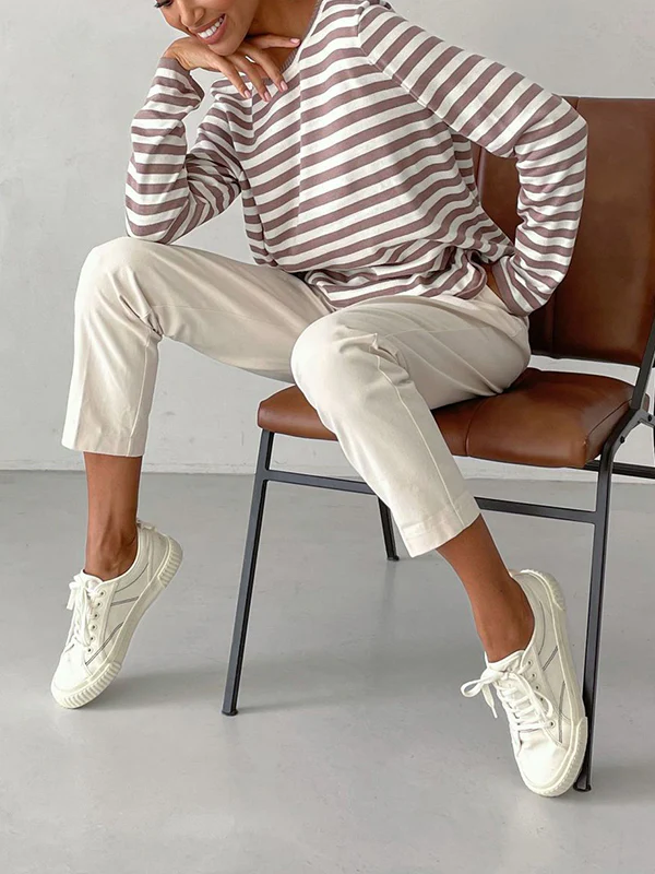 Long Sleeves Loose Split-Joint Striped Round-Neck Sweater Tops - Image 12