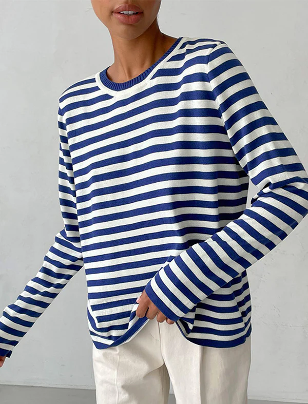 Long Sleeves Loose Split-Joint Striped Round-Neck Sweater Tops - Image 2