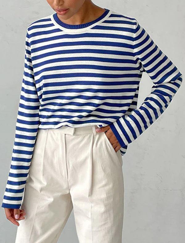 Long Sleeves Loose Split-Joint Striped Round-Neck Sweater Tops - Image 3