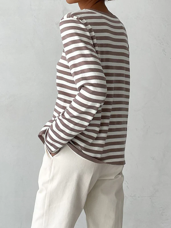 Long Sleeves Loose Split-Joint Striped Round-Neck Sweater Tops - Image 4