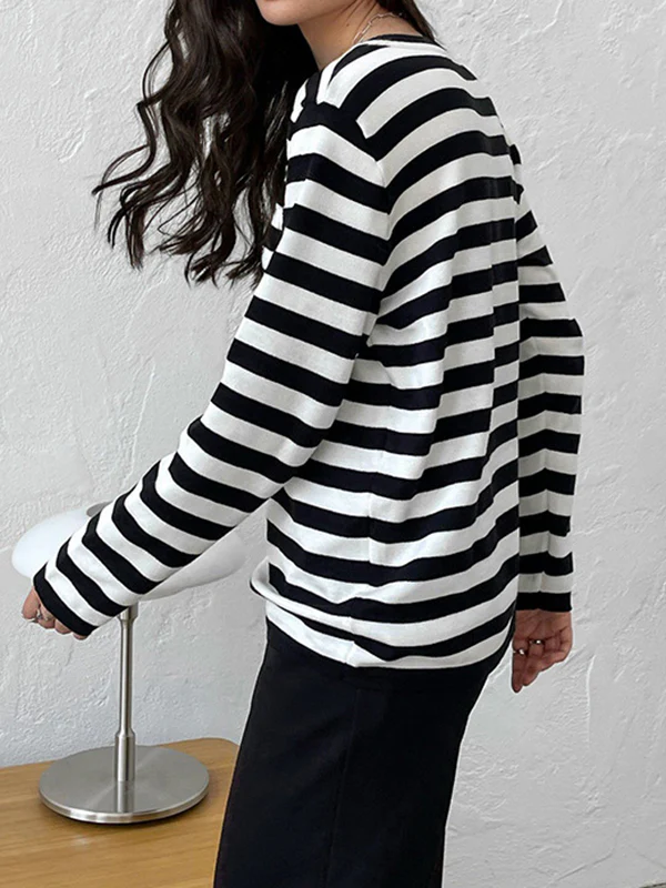 Long Sleeves Loose Split-Joint Striped Round-Neck Sweater Tops - Image 5