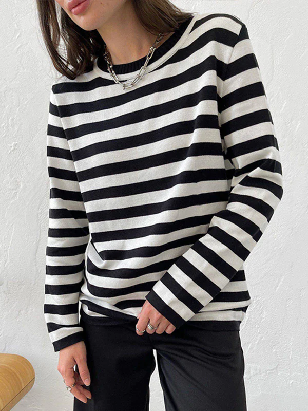 Long Sleeves Loose Split-Joint Striped Round-Neck Sweater Tops - Image 6