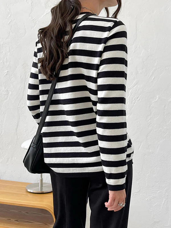 Long Sleeves Loose Split-Joint Striped Round-Neck Sweater Tops - Image 7