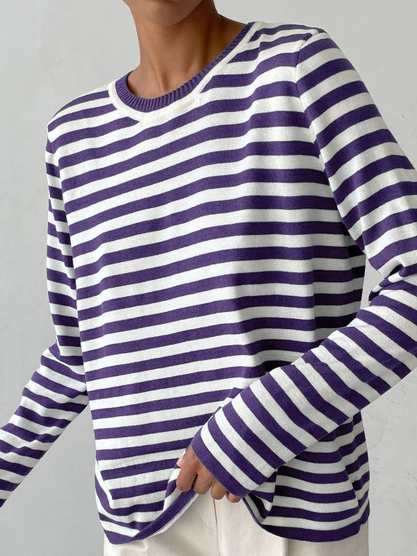 Long Sleeves Loose Split-Joint Striped Round-Neck Sweater Tops - Image 8