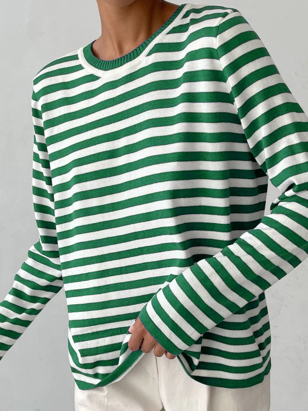 Long Sleeves Loose Split-Joint Striped Round-Neck Sweater Tops - Image 9