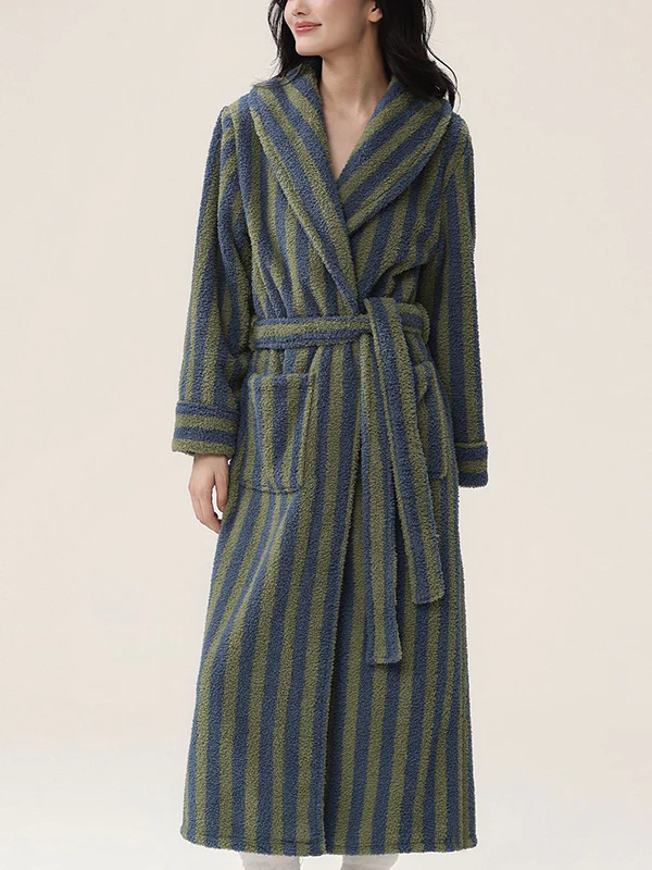Long Sleeves Loose Split-Joint Striped Tied Waist Lapel Robes - Image 2