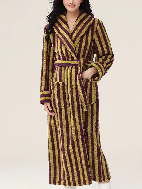 Long Sleeves Loose Split-Joint Striped Tied Waist Lapel Robes - Image 4
