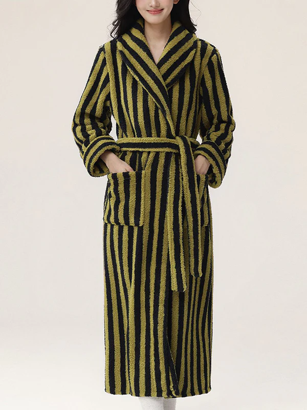 Long Sleeves Loose Split-Joint Striped Tied Waist Lapel Robes - Image 5