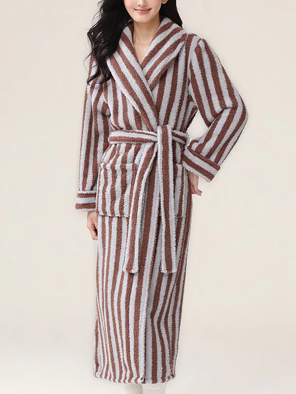 Long Sleeves Loose Split-Joint Striped Tied Waist Lapel Robes - Image 6