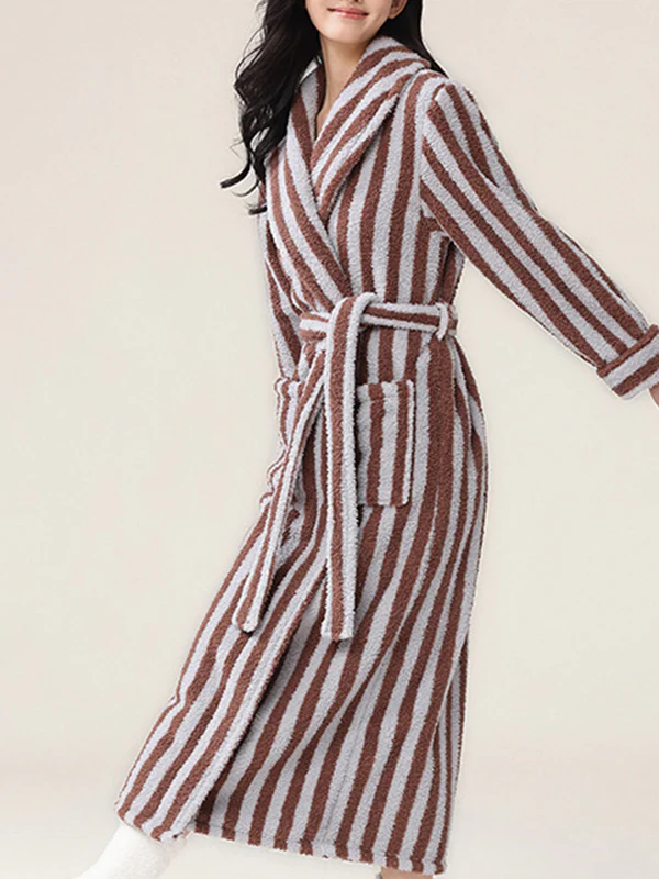 Long Sleeves Loose Split-Joint Striped Tied Waist Lapel Robes - Image 7