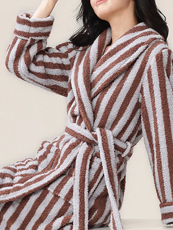 Long Sleeves Loose Split-Joint Striped Tied Waist Lapel Robes - Image 8