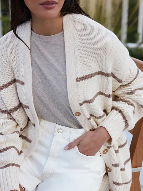 Long Sleeves Loose Split-Joint Striped V-Neck Cardigan Tops - Image 10