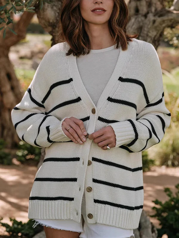 Long Sleeves Loose Split-Joint Striped V-Neck Cardigan Tops - Image 11