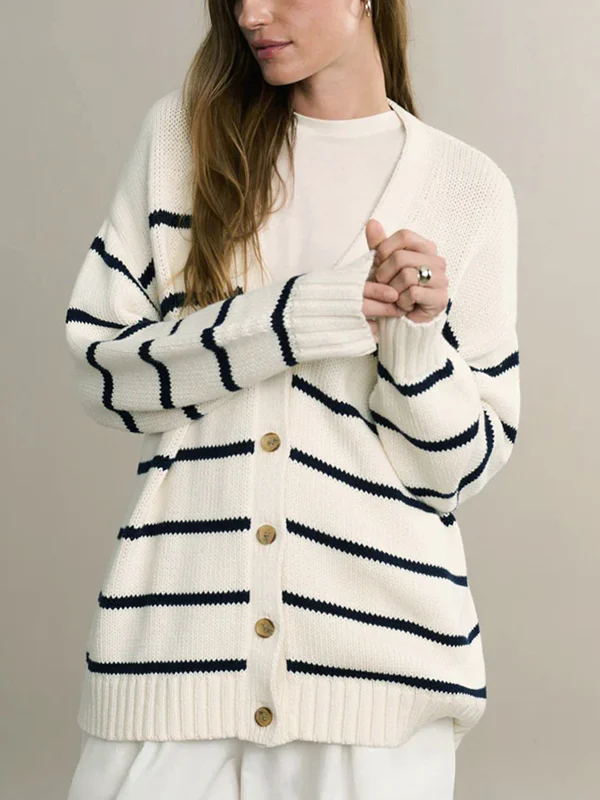 Long Sleeves Loose Split-Joint Striped V-Neck Cardigan Tops - Image 12