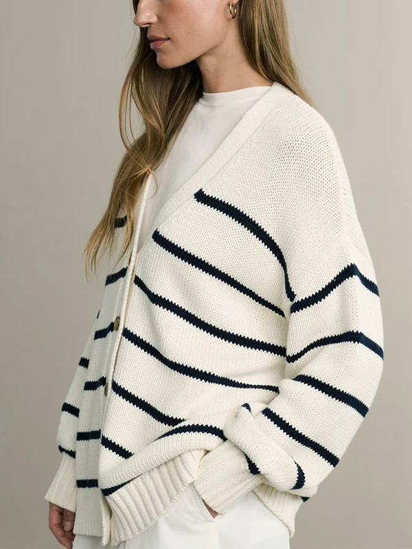 Long Sleeves Loose Split-Joint Striped V-Neck Cardigan Tops - Image 13