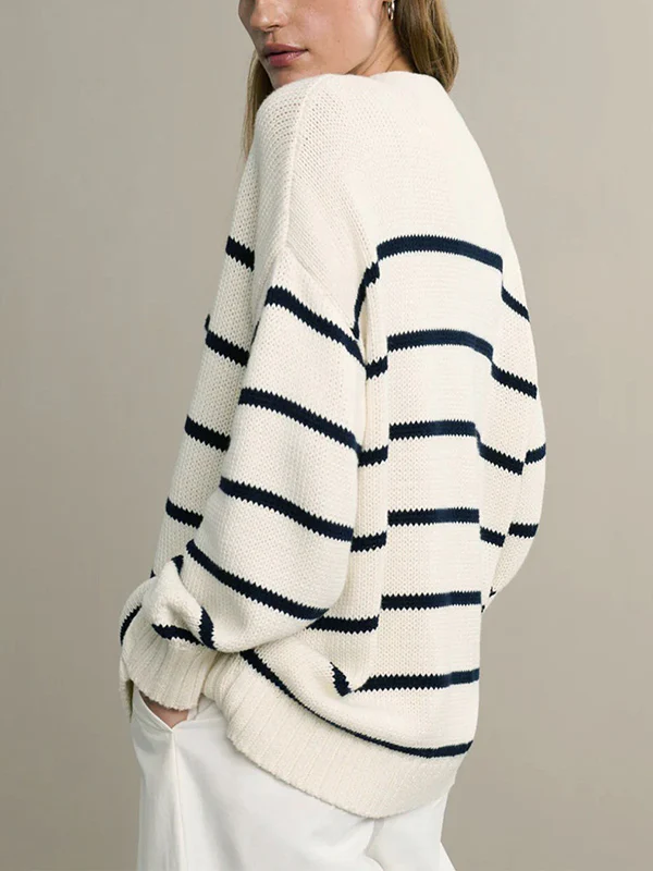 Long Sleeves Loose Split-Joint Striped V-Neck Cardigan Tops - Image 14