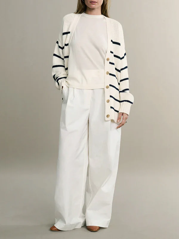 Long Sleeves Loose Split-Joint Striped V-Neck Cardigan Tops - Image 15