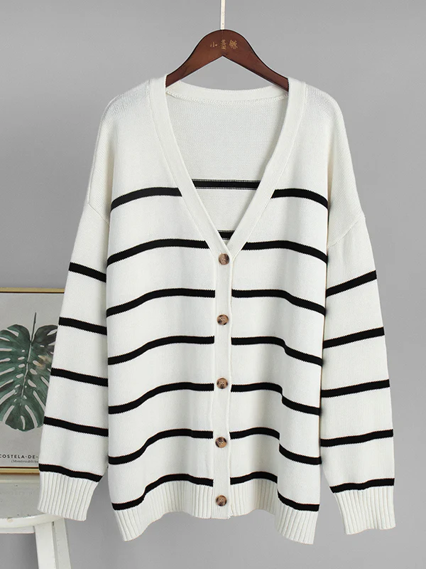 Long Sleeves Loose Split-Joint Striped V-Neck Cardigan Tops - Image 16