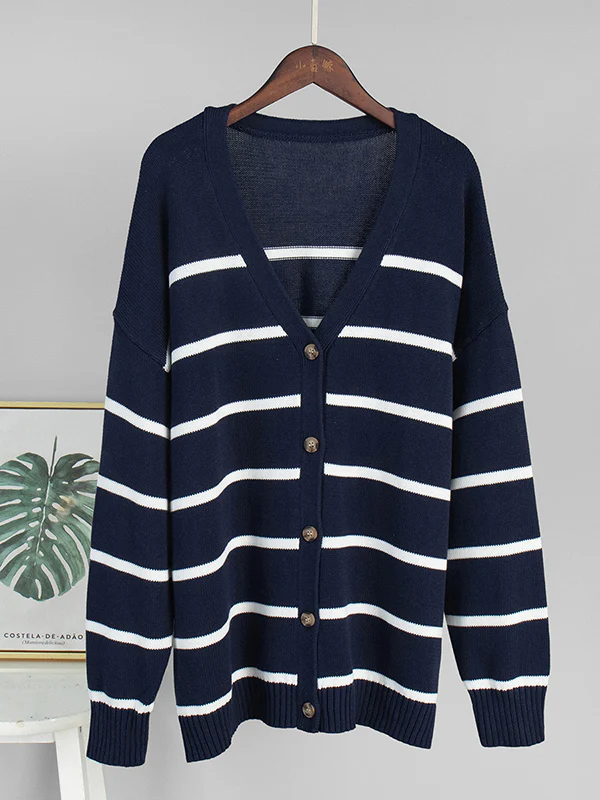 Long Sleeves Loose Split-Joint Striped V-Neck Cardigan Tops - Image 17