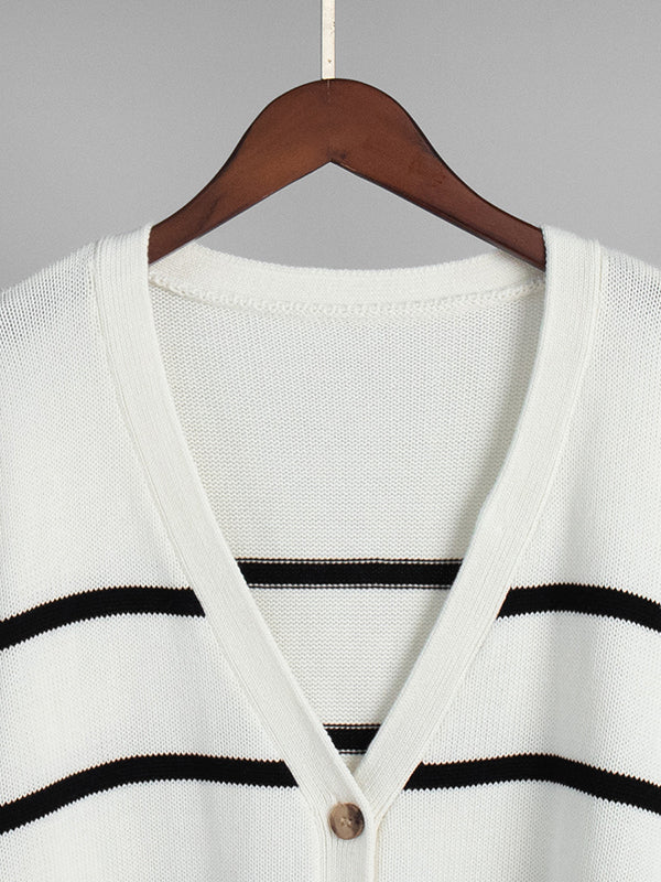 Long Sleeves Loose Split-Joint Striped V-Neck Cardigan Tops - Image 18