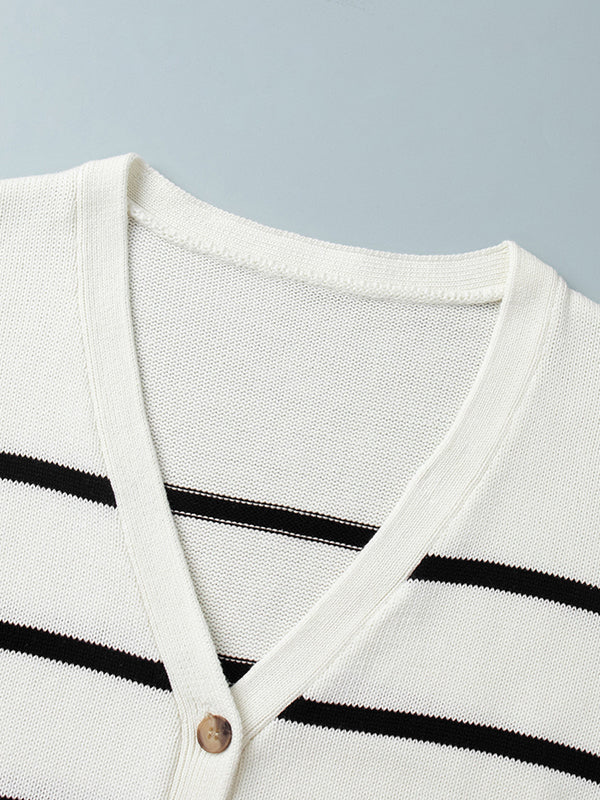 Long Sleeves Loose Split-Joint Striped V-Neck Cardigan Tops - Image 19