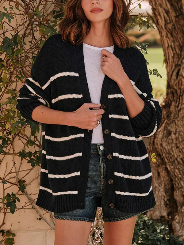Long Sleeves Loose Split-Joint Striped V-Neck Cardigan Tops - Image 2