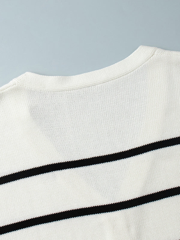 Long Sleeves Loose Split-Joint Striped V-Neck Cardigan Tops - Image 20