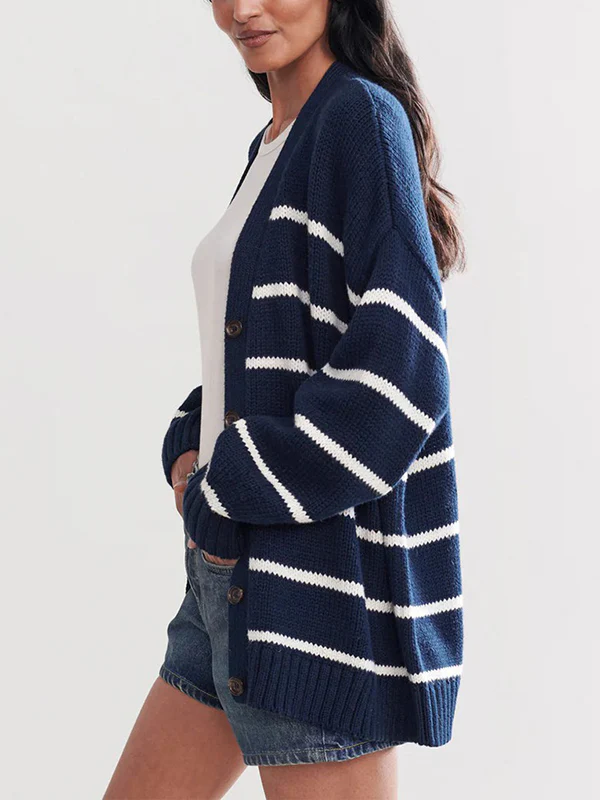 Long Sleeves Loose Split-Joint Striped V-Neck Cardigan Tops - Image 4