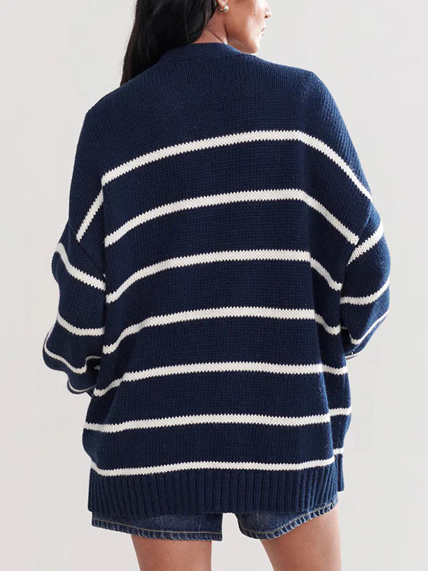 Long Sleeves Loose Split-Joint Striped V-Neck Cardigan Tops - Image 5