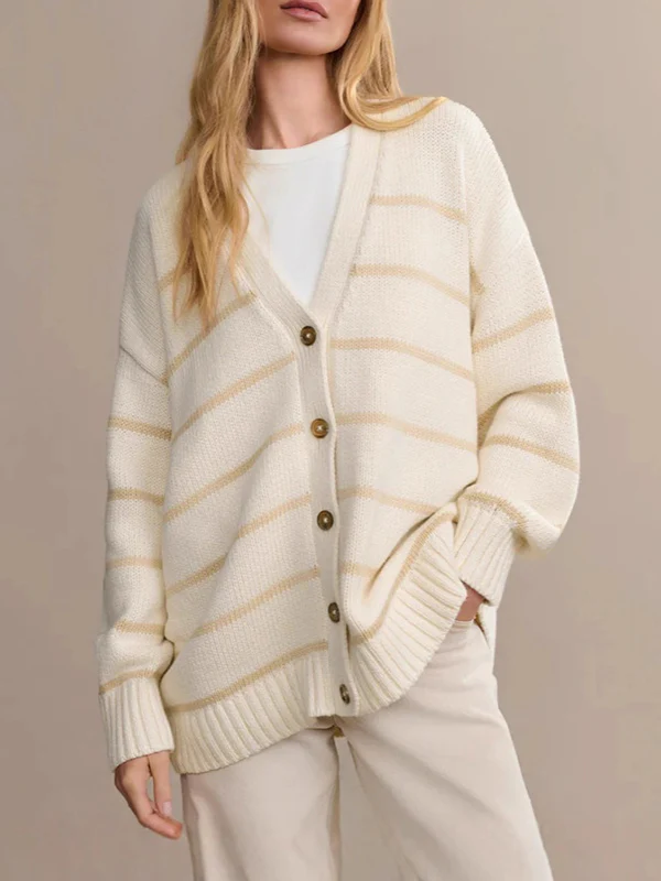 Long Sleeves Loose Split-Joint Striped V-Neck Cardigan Tops - Image 6