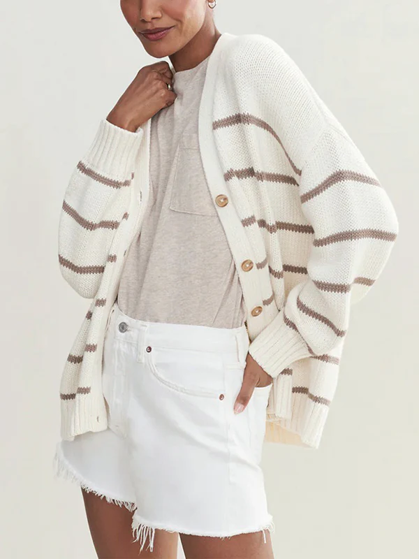 Long Sleeves Loose Split-Joint Striped V-Neck Cardigan Tops - Image 7