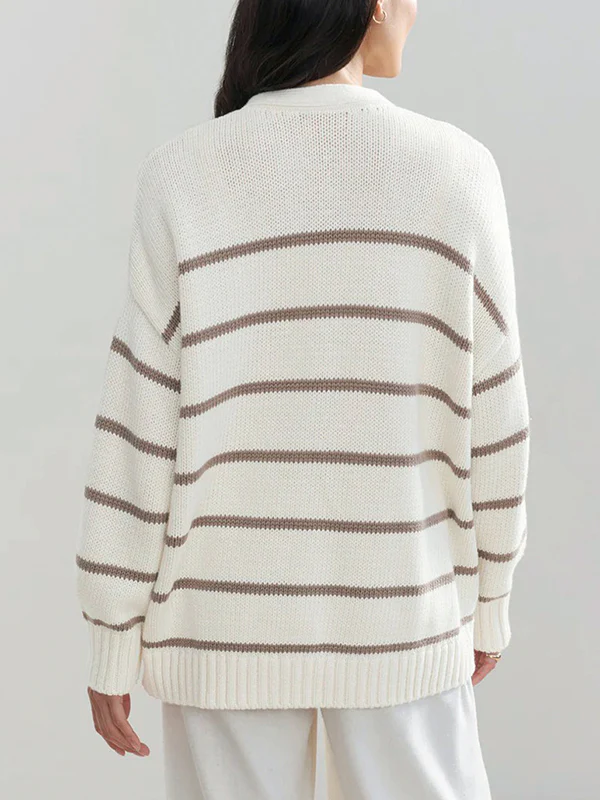 Long Sleeves Loose Split-Joint Striped V-Neck Cardigan Tops - Image 8
