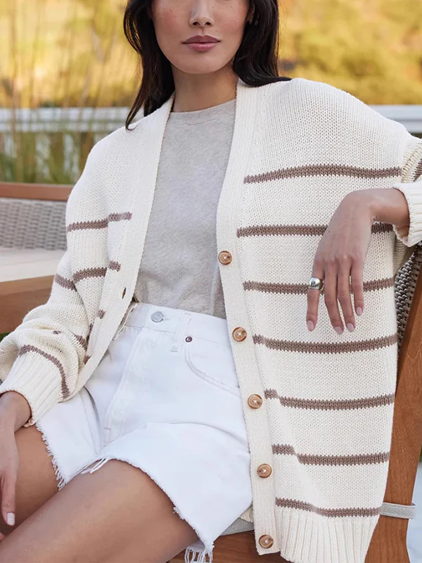 Long Sleeves Loose Split-Joint Striped V-Neck Cardigan Tops - Image 9