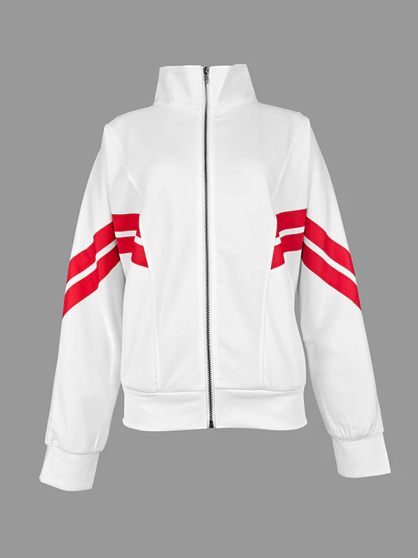 Long Sleeves Loose Split-Joint Striped Zipper Stand Collar Jackets Outerwear - Image 2