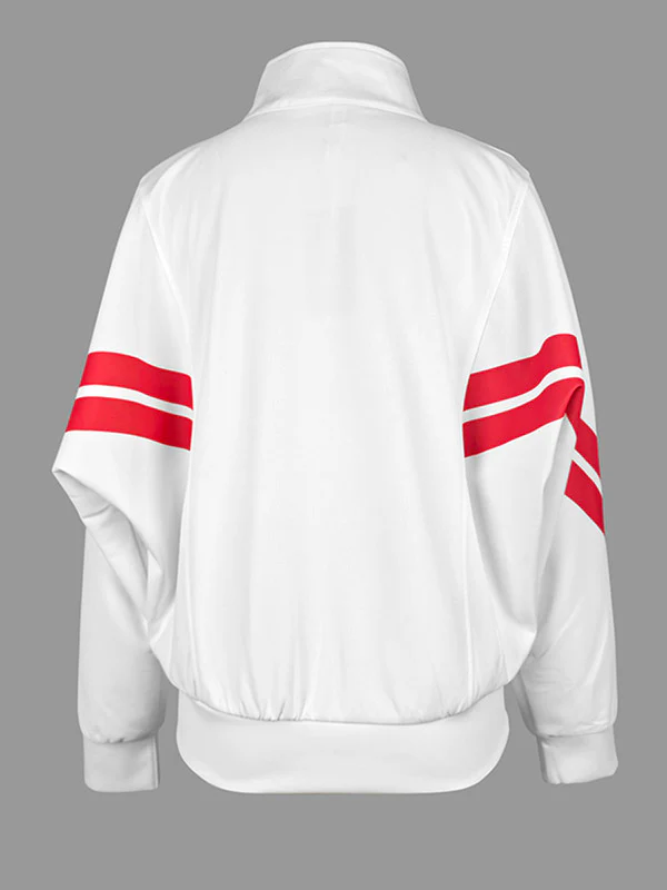 Long Sleeves Loose Split-Joint Striped Zipper Stand Collar Jackets Outerwear - Image 3