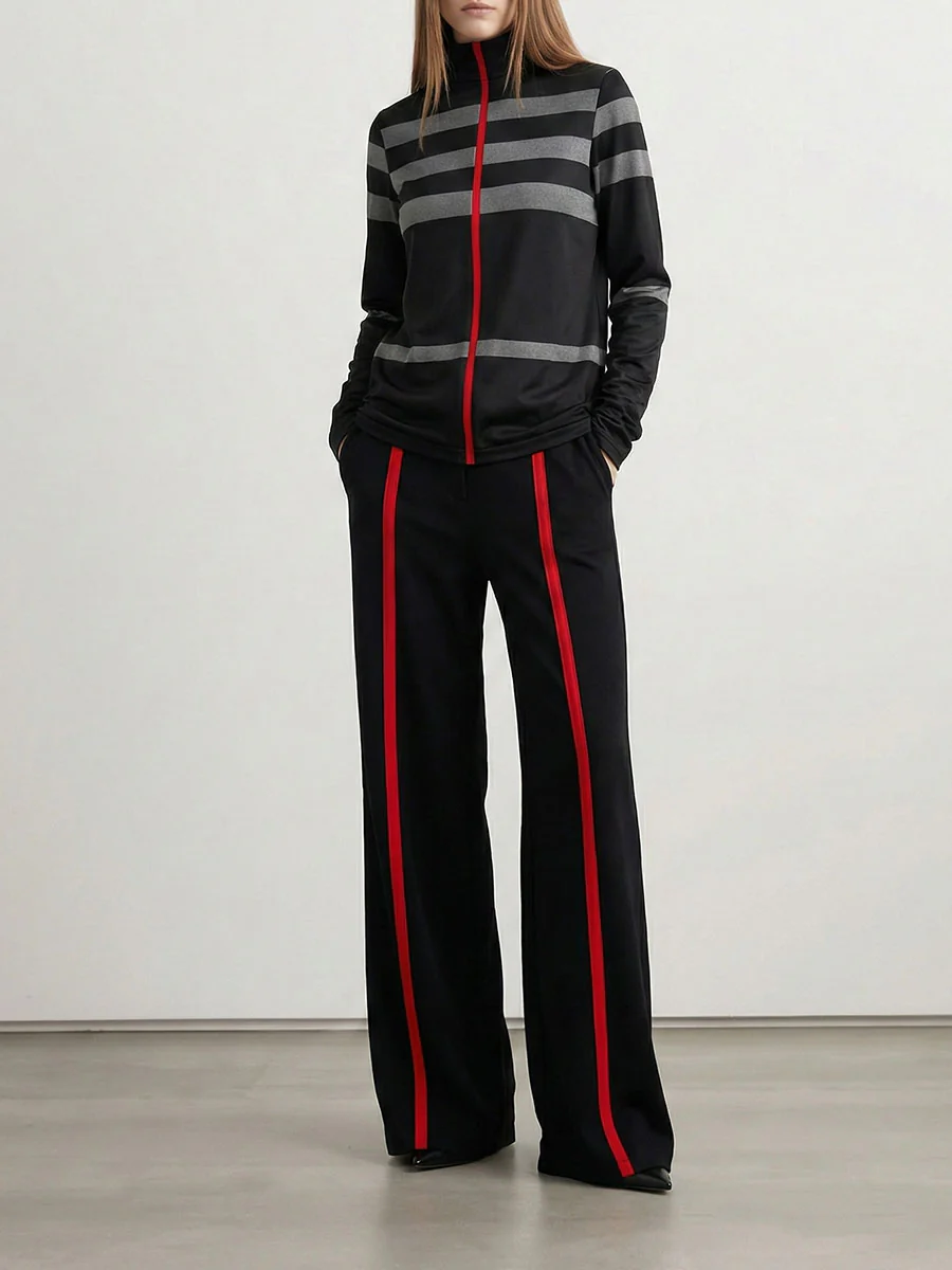 Long Sleeves Loose Striped High Neck T-Shirts Tops - Image 2