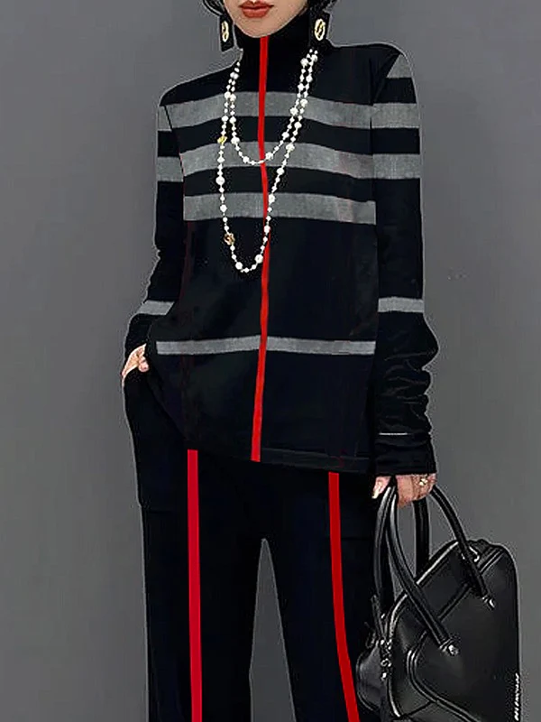 Long Sleeves Loose Striped High Neck T-Shirts Tops - Image 3