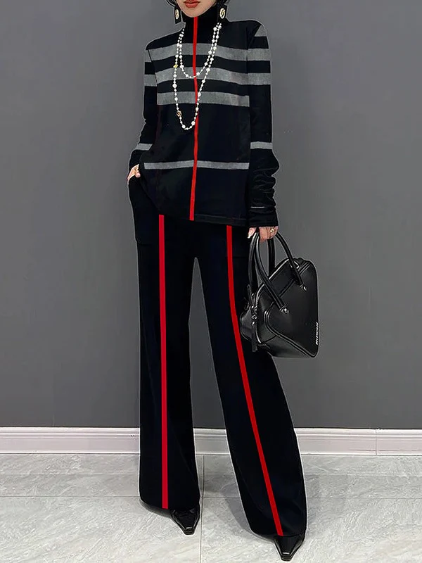 Long Sleeves Loose Striped High Neck T-Shirts Tops - Image 4