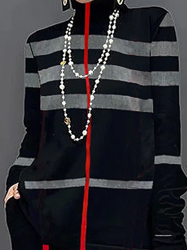 Long Sleeves Loose Striped High Neck T-Shirts Tops - Image 5