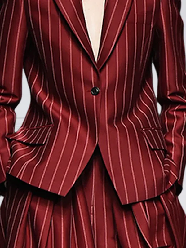 Long Sleeves Loose Striped Notched Collar Blazer Outerwear - Image 2