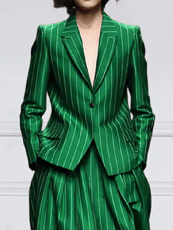 Long Sleeves Loose Striped Notched Collar Blazer Outerwear - Image 3