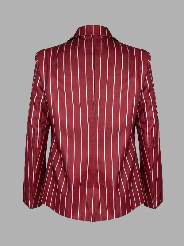 Long Sleeves Loose Striped Notched Collar Blazer Outerwear - Image 6