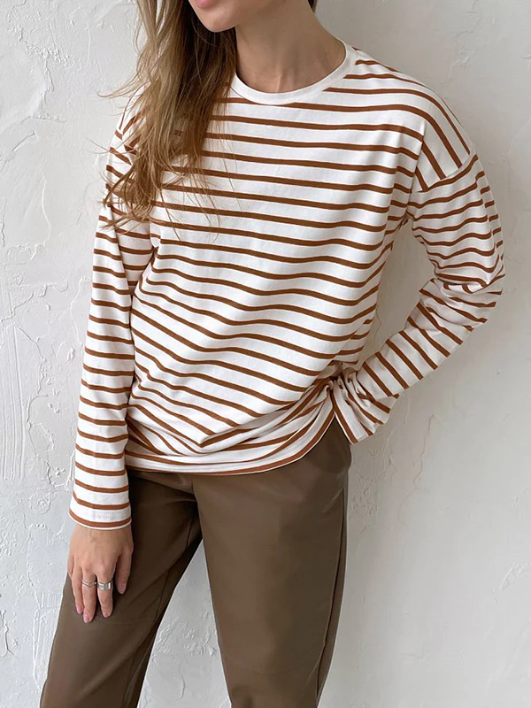 Long Sleeves Loose Striped Round-Neck T-Shirts Tops - Image 10