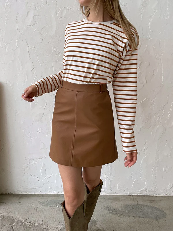 Long Sleeves Loose Striped Round-Neck T-Shirts Tops - Image 11