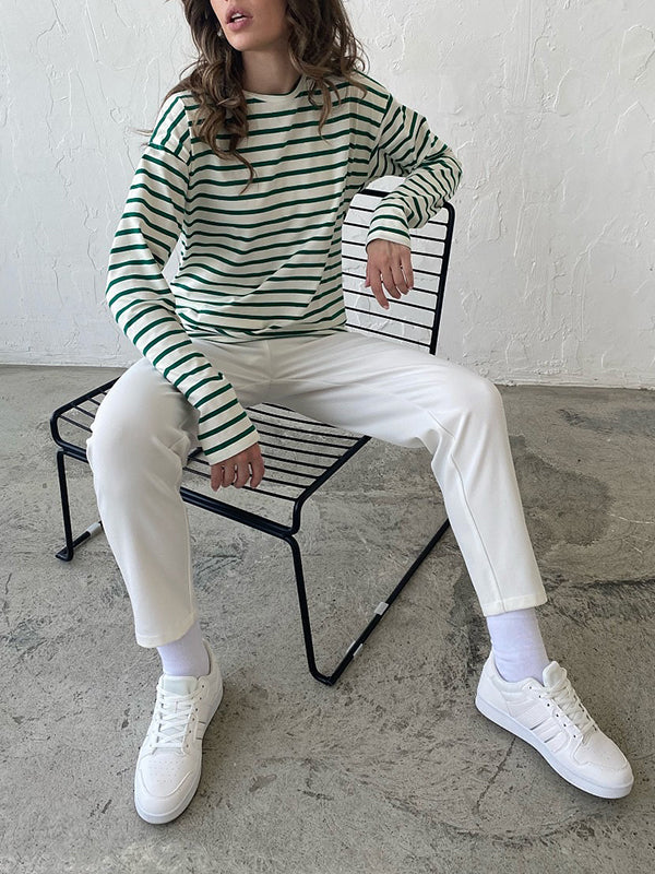 Long Sleeves Loose Striped Round-Neck T-Shirts Tops - Image 14