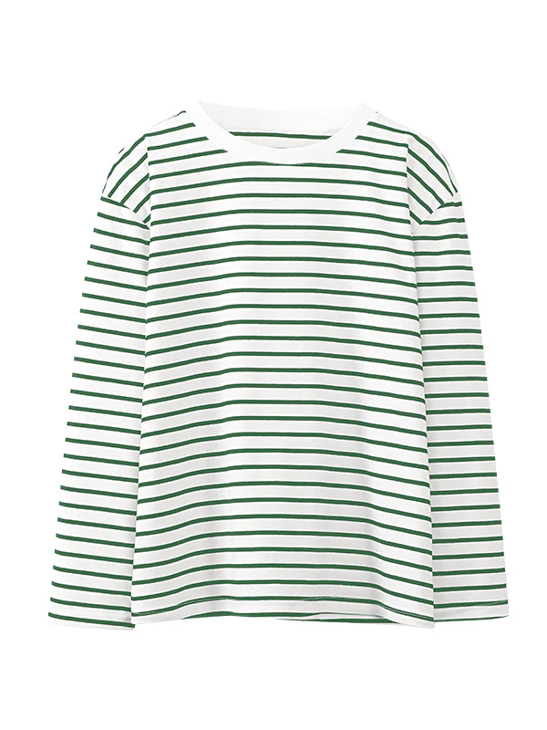 Long Sleeves Loose Striped Round-Neck T-Shirts Tops - Image 15
