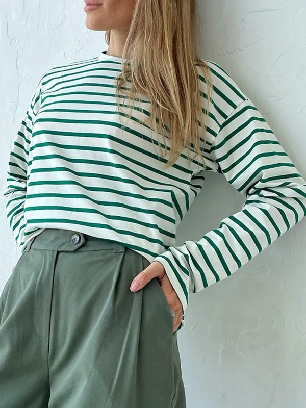 Long Sleeves Loose Striped Round-Neck T-Shirts Tops - Image 2