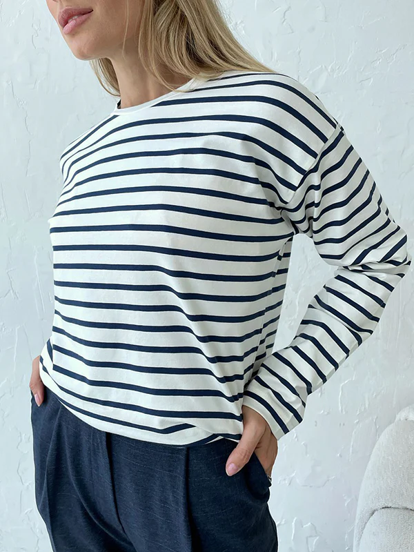 Long Sleeves Loose Striped Round-Neck T-Shirts Tops - Image 3