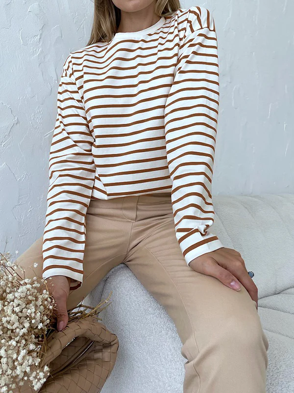 Long Sleeves Loose Striped Round-Neck T-Shirts Tops - Image 4